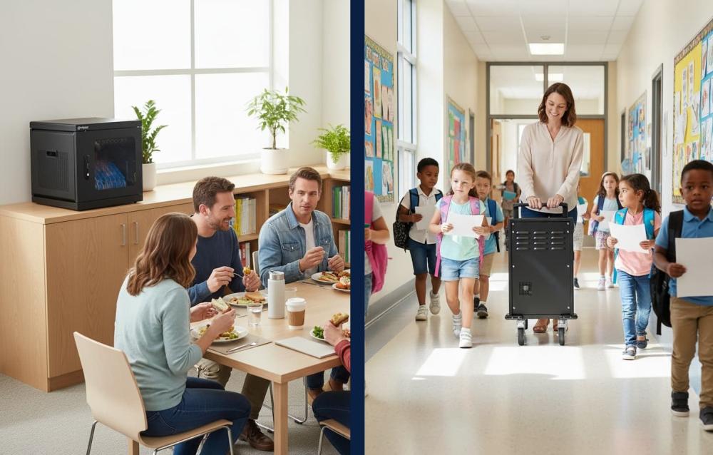 Ladeschrank in einem Lehrerzimmer und ein Ladewagen im Flur einer Schule