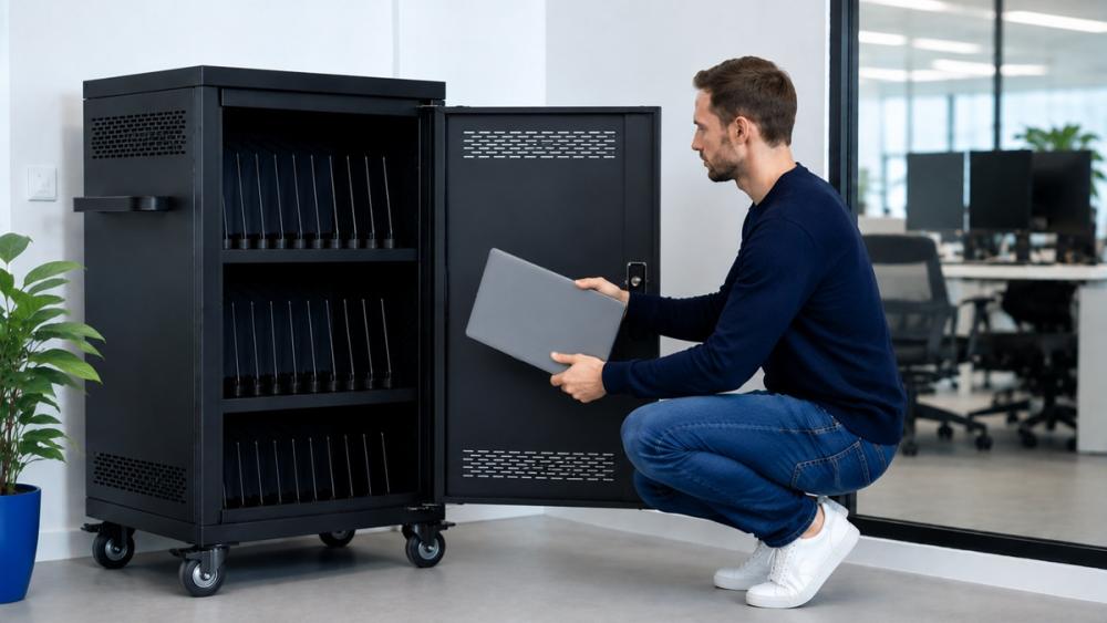 Ladeschrank mit Leih-Laptops für die IT-Verwaltung im Büro