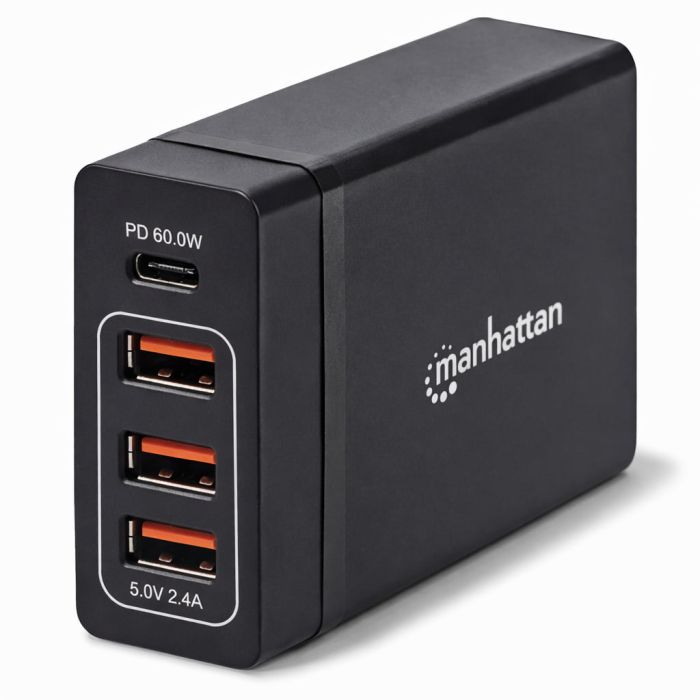 Seitenansicht des Manhattan 72W 4-Port USB-A/C Power Delivery Ladehubs mit sichtbaren USB-Anschlüssen und Logo.