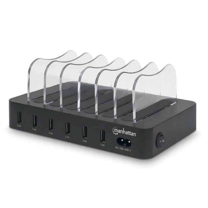 Seitenansicht der Manhattan 6-Port USB-A Ladestation mit offenen Ladefächern und sichtbaren USB-Anschlüssen.