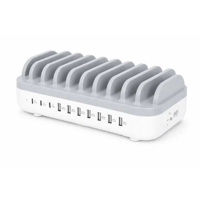Seitenansicht der Manhattan 10-Port-USB-Power-Delivery-Ladestation mit sichtbaren Ladeanschlüssen und Kabelmanagement.