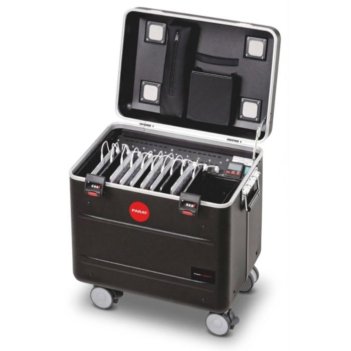 Offenes PARAT i10 USB-A ChargeSync-Gehäuse mit Platz für 10 iPads, inklusive Kabelmanagement und Aufbewahrungsfach.