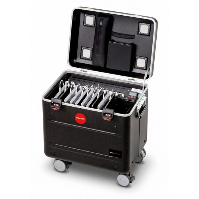 Offenes PARAT i10 USB-A ChargeSync-Gehäuse mit sichtbaren Fächern für 10 Tablets und Kabelmanagement.