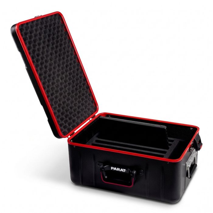 Offene PARAT Case Notebook ACTIVE Tragetasche mit sichtbaren Fächern für 8 Notebooks, schwarz mit rotem Rand.