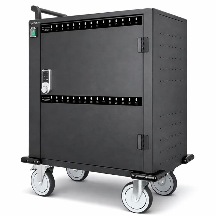 Seitenansicht des Manhattan USB-C-Ladewagens mit digitalem Codeschloss, mit sichtbaren Rädern und Staufächern für 32 Geräte.