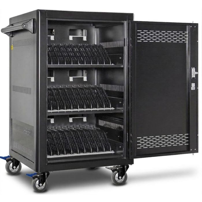 Open Power Technologies AC-LITE Ladewagen mit sichtbaren Ladefächern für 30 Laptops bis 15,6 Zoll.