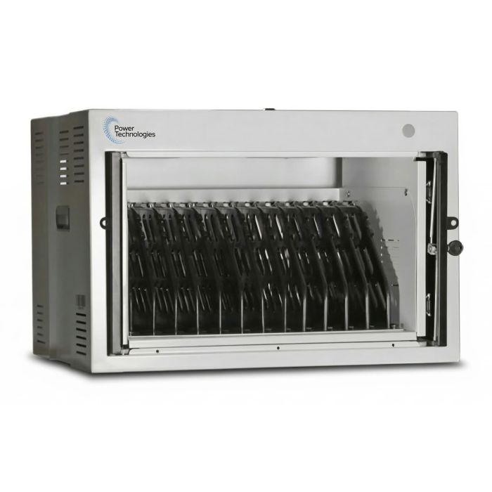 Seitenansicht des Power Technologies AC-MINI Ladeschranks mit offenen Fächern für 12 Laptops.