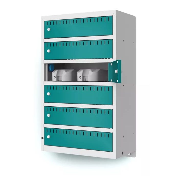 Seitenansicht des Lockeel Wandladeschranks mit 6 Fächern, mit offenem Fach und sichtbaren Ladestationen.
