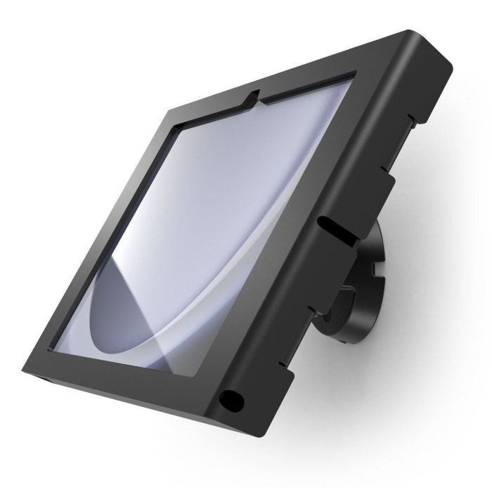 Seitenansicht der schwarzen Compulocks Bow Apex Wandhalterung für Samsung Galaxy Tab S9, montiert an der Wand.