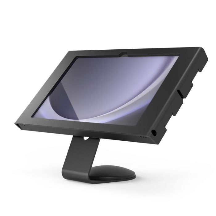 Seitenansicht der Compulocks Core Apex Tischhalterung für Samsung Galaxy Tab A11+ in Schwarz, mit stabiler Basis und abgewinkeltem Tablet.