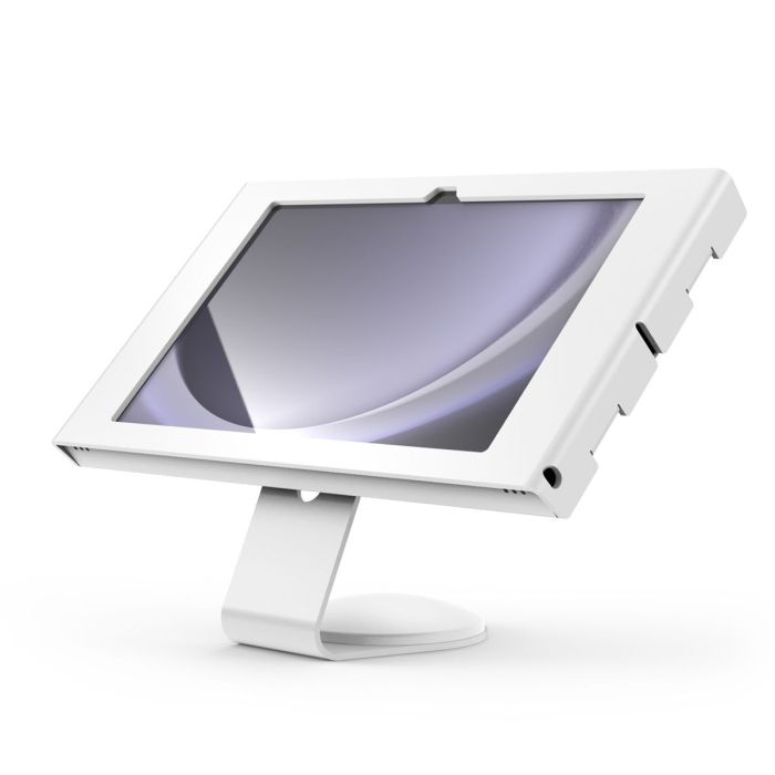 Seitenansicht der Compulocks Core Apex Tischhalterung für Samsung Galaxy Tab A11+ in Weiß, mit angewinkeltem Tablet.