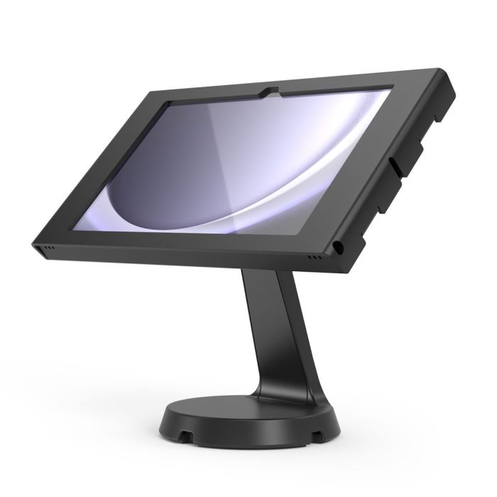 Seitenansicht des schwarzen Compulocks Mast Apex Tischständers für Samsung Galaxy Tab A9+, mit angewinkeltem Tablet.