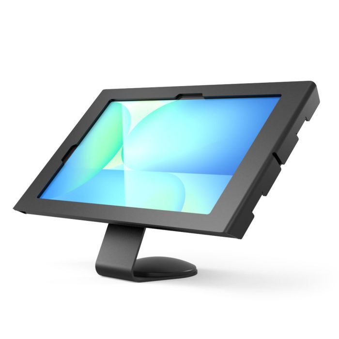 Seitenansicht der Compulocks Core Apex Tischhalterung für Samsung Galaxy Tab S10 FE+, mit modernem schwarzem Finish.
