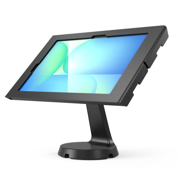 Seitenansicht des Compulocks Mast Apex Tischständers für Samsung Galaxy Tab S10 FE+, mit verstellbarem Winkel.