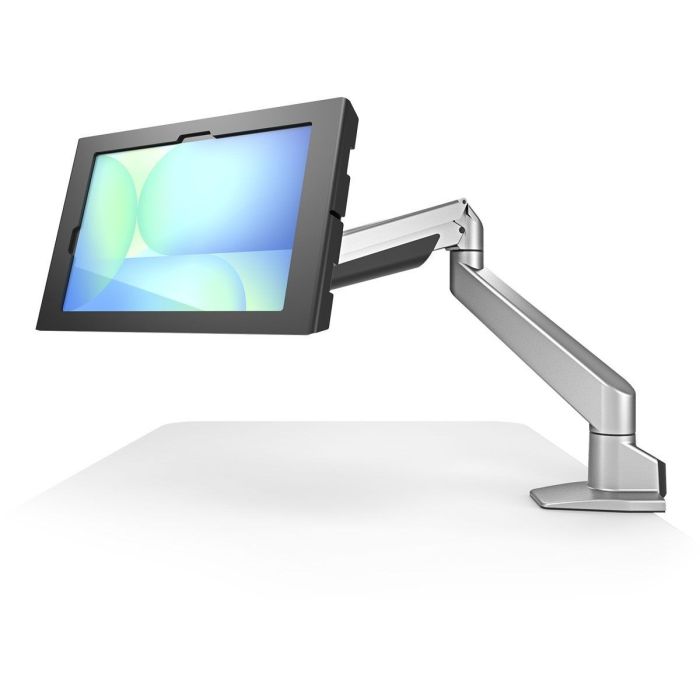 Seitenansicht der Compulocks Reach Apex Tischhalterung für Samsung Galaxy Tab A9+, montiert mit einem verstellbaren Arm.