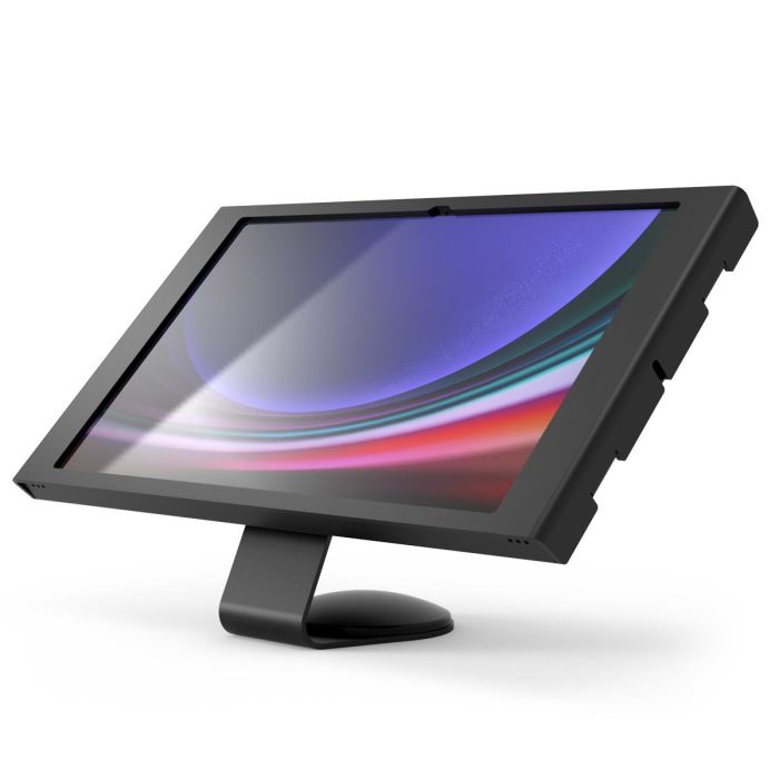 Seitenansicht der Compulocks Core Apex Tischhalterung für Samsung Galaxy Tab S11 Ultra in Schwarz, mit angewinkeltem Tablet.