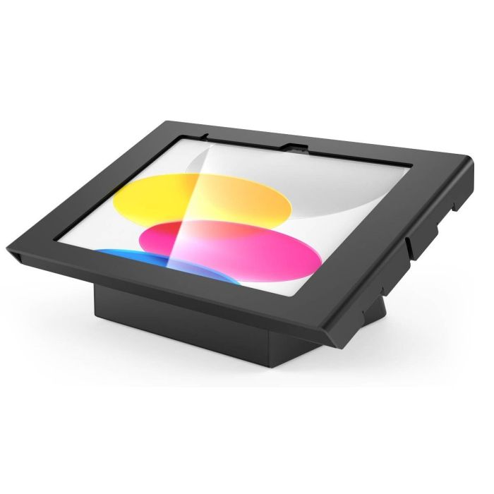 Eckansicht des Compulocks AV Capsule Apex Tischständers für iPad, schwarz, mit buntem Hintergrund.