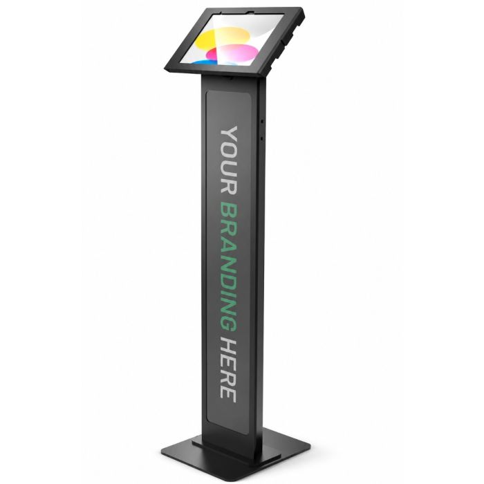Seitenansicht des Compulocks BrandMe Apex Bodenständers für iPad 11 Zoll, schwarz, mit klarem Display und Branding-Option.