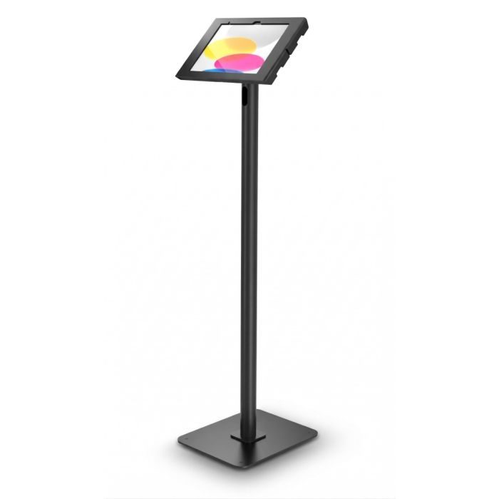 Seitenansicht des Compulocks Swift Swell Bodenständers für iPad, schwarz mit klarem Display im Einsatz.
