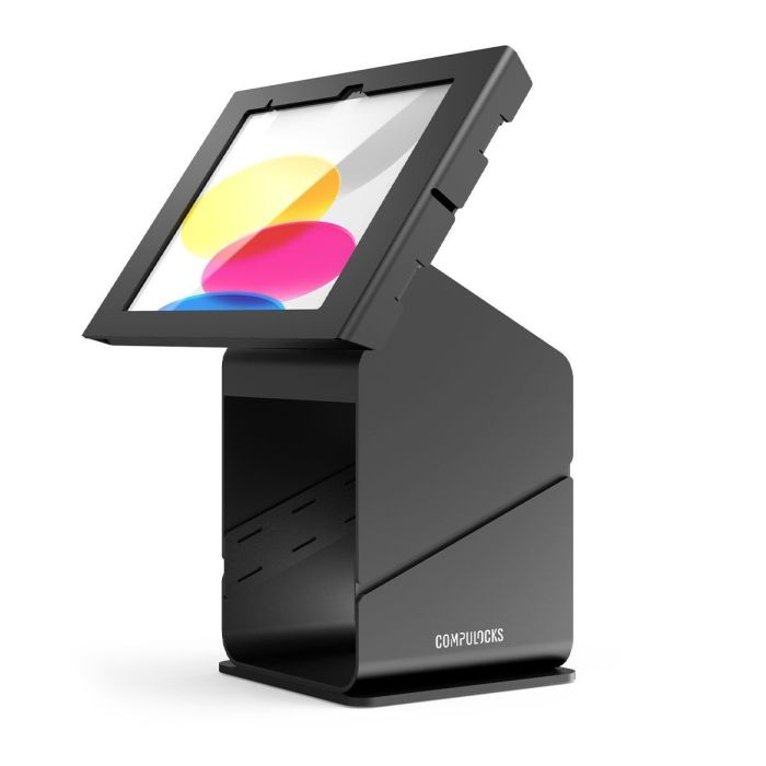 Seitenansicht des Compulocks Tablet Printer Kiosk mit einem iPad in vertikaler Position, mit Schwerpunkt auf dem modernen Design und der stabilen Basis.