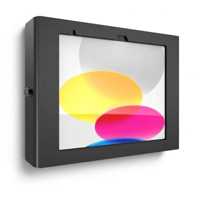 Seitenansicht der Compulocks Apex-Wandhalterung für iPad, mit farbigem Hintergrund und sichtbarem Verriegelungsmechanismus.