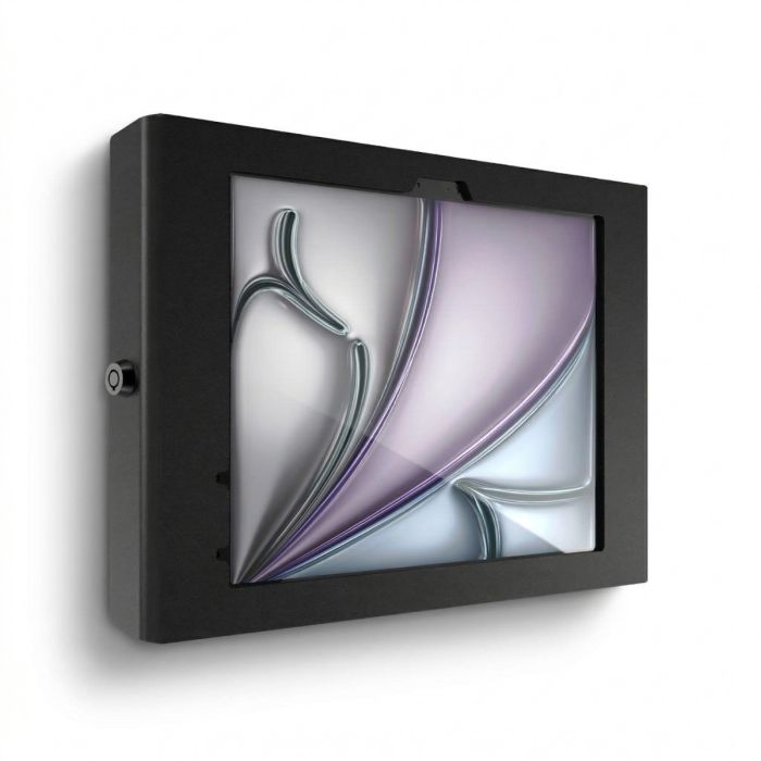 Seitenansicht des Compulocks Apex Wandhalters für iPad Air 11 Zoll, schwarz, mit elegantem Design und stabiler Montagehalterung.