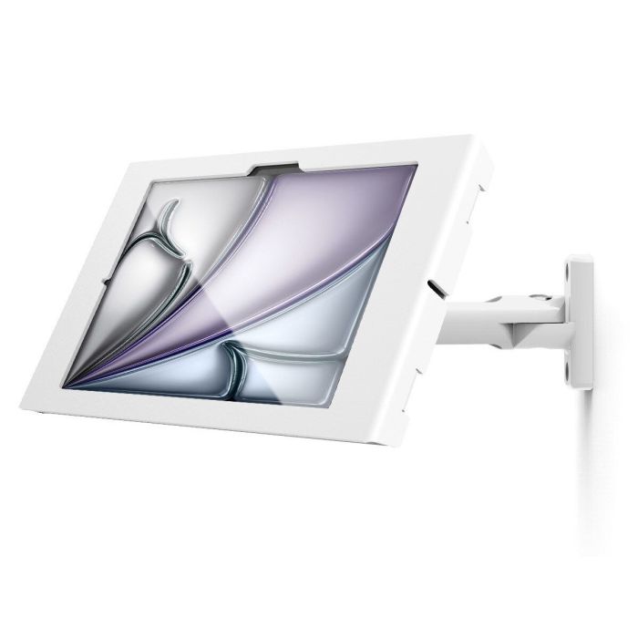 Seitenansicht der Compulocks Swing Apex Wandhalterung für iPad, montiert an der Wand mit einem stilvollen weißen Finish.