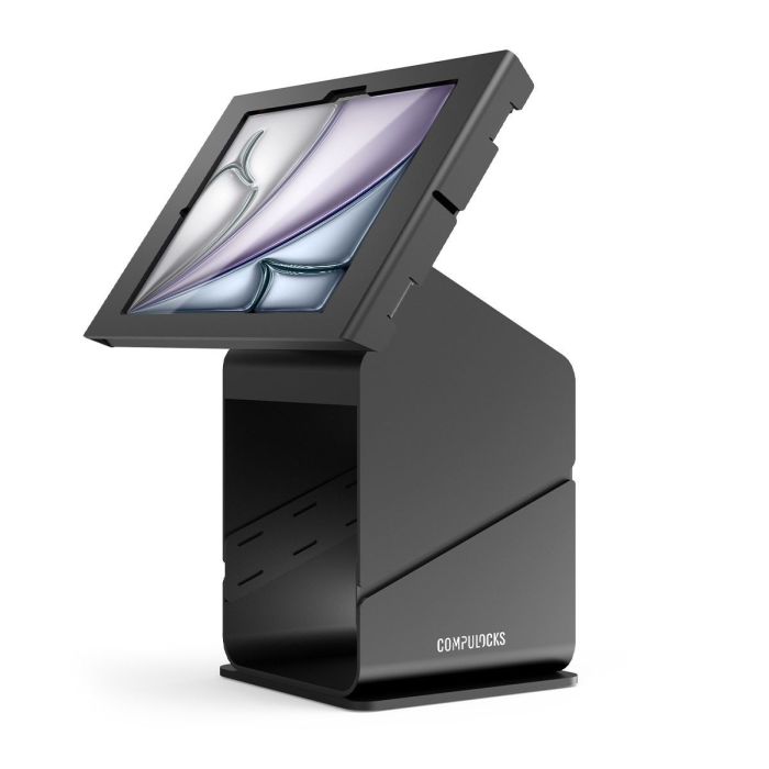 Seitenansicht des Compulocks Tablet-Druckerkiosks mit einem iPad Air 11 Zoll, schwarz, in geöffneter Position.
