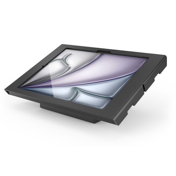 Nahaufnahme des Compulocks AV Capsule Apex Tischständers für iPad Air, mit Schwerpunkt auf seinem eleganten Design und seiner Verarbeitung.