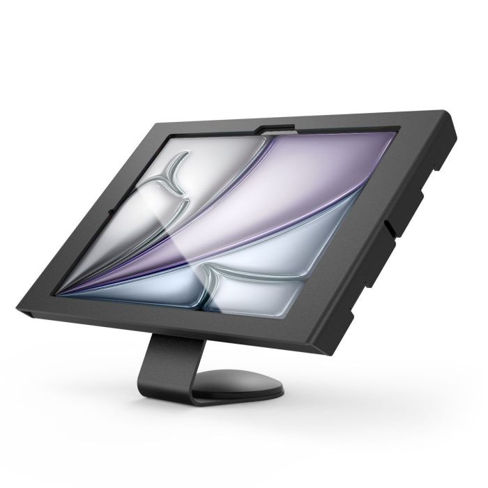 Seitenansicht des Compulocks Core Apex Tischhalters für iPad Air, mit elegantem schwarzem Finish und stabiler Basis.