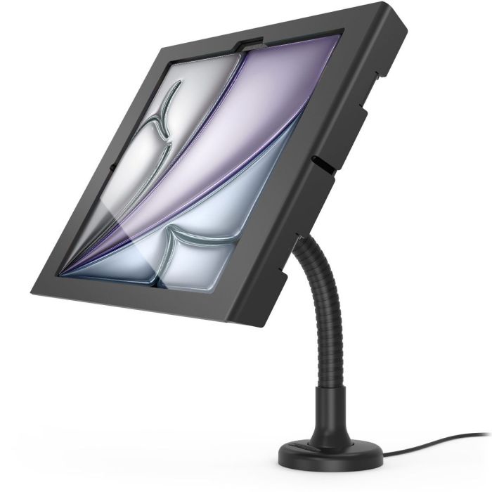 Seitenansicht des Compulocks Flex Apex Tischhalters für iPad Air, mit flexiblem Arm und schwarzem Design.