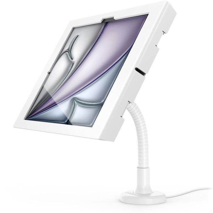 Seitenansicht des Compulocks Flex Apex Tischhalters für iPad Air, mit flexiblem Arm und weißem Design.