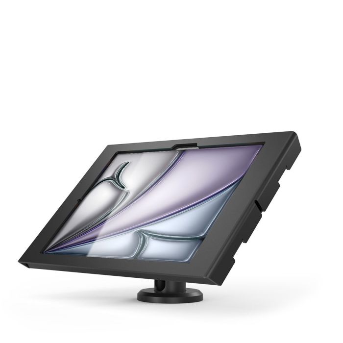 Seitenansicht der Compulocks Rise Tischhalterung mit einem iPad Air, im 45-Grad-Winkel.