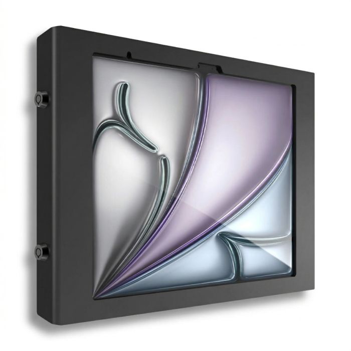 Seitenansicht der Compulocks Apex Wandhalterung für iPad Air, schwarz, mit elegantem Design und sichtbaren Montagedetails.