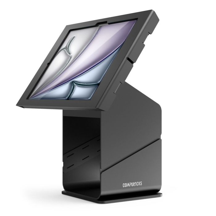 Seitenansicht des Compulocks Tablet-Druckerkiosks mit einem iPad Air im Hochformat, mit sichtbaren Kabelführungsdetails.