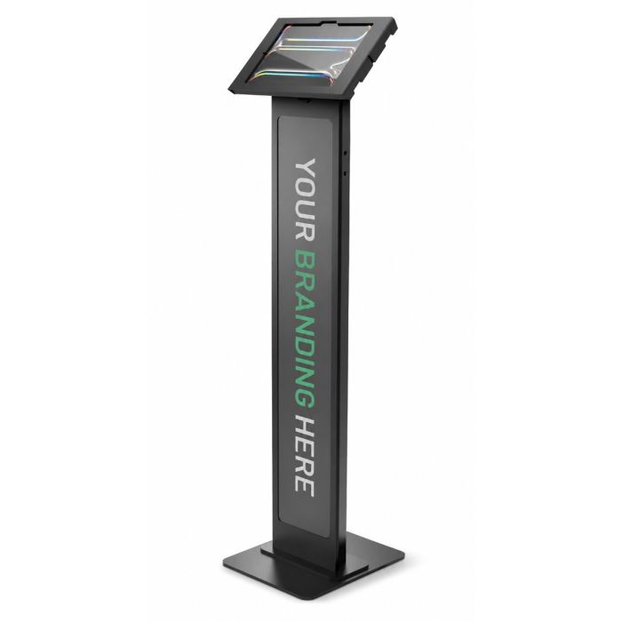 Seitenansicht des Compulocks BrandMe Apex Bodenständers für iPad Pro 11 Zoll, schwarz mit Branding-Option.