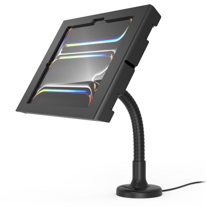 Seitenansicht des Compulocks Flex Apex Tischhalters für iPad Pro 11 Zoll, mit flexiblem Arm und schwarzem Design.
