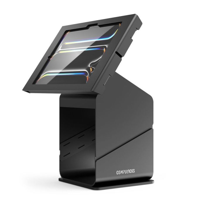 Seitenansicht des schwarzen Compulocks Tablet Printer Kiosk für iPad Pro 11 Zoll, mit offenem Display zur Nutzung.