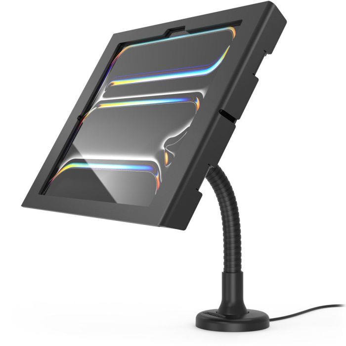 Seitenansicht der Compulocks Flex Apex Tischhalterung mit einem iPad Pro 13 Zoll in verstellbarer Position.