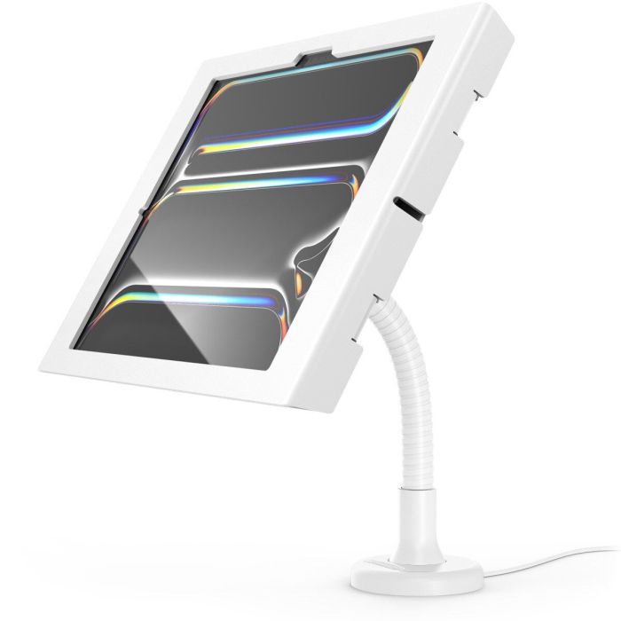 Seitenansicht des Compulocks Flex Apex Tischhalters für iPad Pro 13 Zoll, mit flexiblem Arm und weißem Finish.