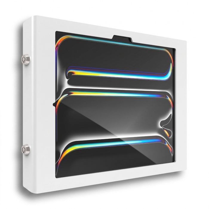 Detailansicht der Compulocks Apex Wandhalterung für iPad Pro, mit sichtbaren Befestigungsschrauben und schlankem Design.