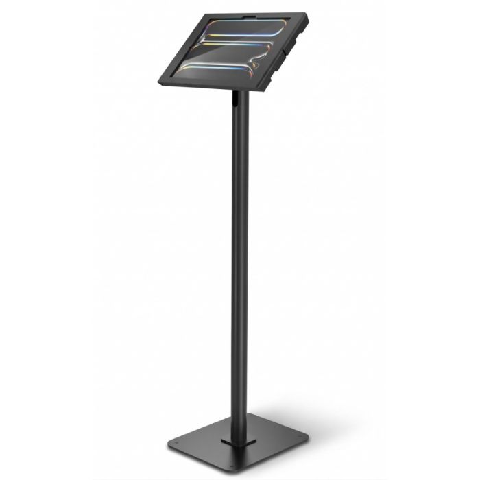 Seitenansicht des Compulocks Swift Apex Bodenständers für iPad Pro 13 Zoll, schwarz, mit stabiler Basis und angewinkeltem Bildschirm.