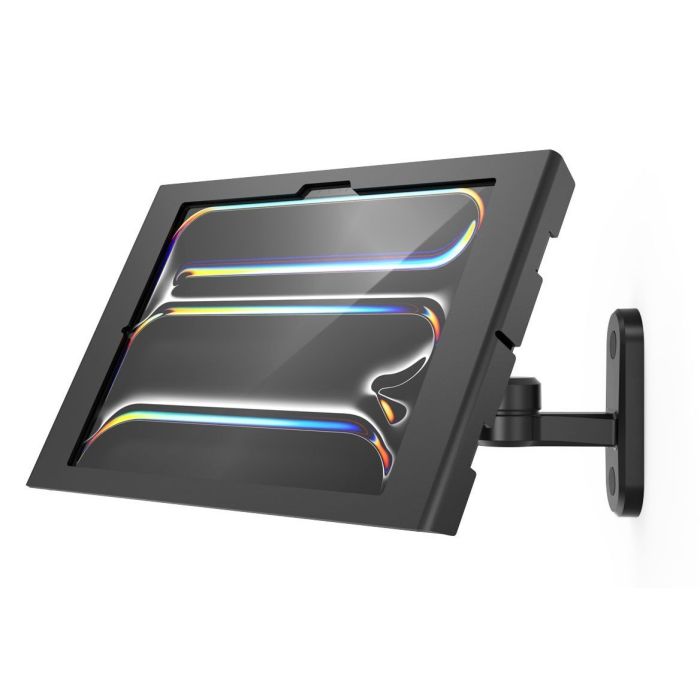 Seitenansicht der Compulocks Swing Apex Wandhalterung für iPad Pro 13 Zoll, montiert an der Wand aus schräger Perspektive.