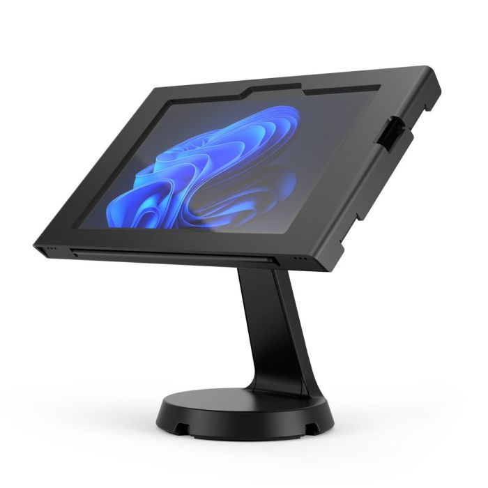 Seitenansicht des Compulocks Mast Apex Tischständers für Microsoft Surface Go 4 mit geneigter Nutzungsposition.