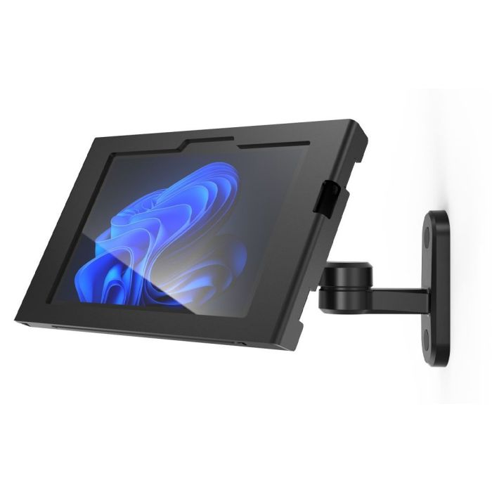 Seitenansicht der Compulocks Swing Apex Wandhalterung für Microsoft Surface Go 4, montiert an der Wand mit einem Tablet in Eckposition.