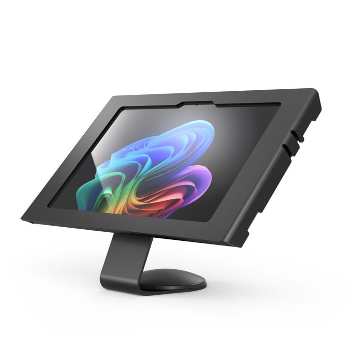 Seitenansicht des Compulocks Core Apex Tischhalters für Microsoft Surface Pro 11, mit sichtbarem buntem Bildschirm.