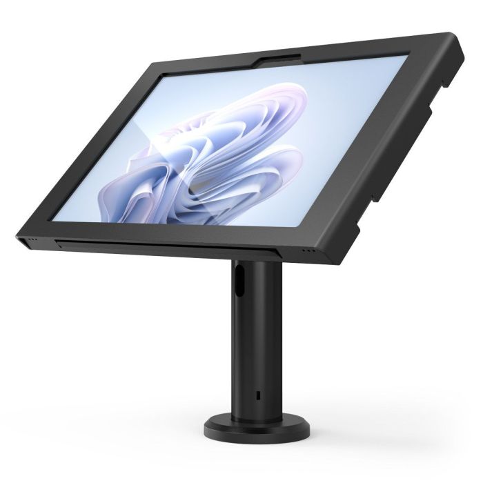 Seitenansicht des Compulocks Rise Tischhalters für Microsoft Surface Pro 11, mit angewinkeltem Tablet.