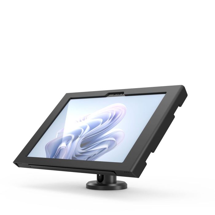 Seitenansicht des Compulocks Rise Tischhalters mit einem Microsoft Surface Pro 11, im Winkel von 10 cm.