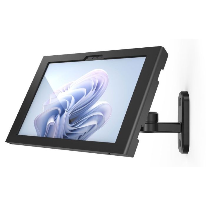 Seitenansicht des Compulocks Swing Apex Wandhalters für Microsoft Surface Pro 11, montiert an der Wand.