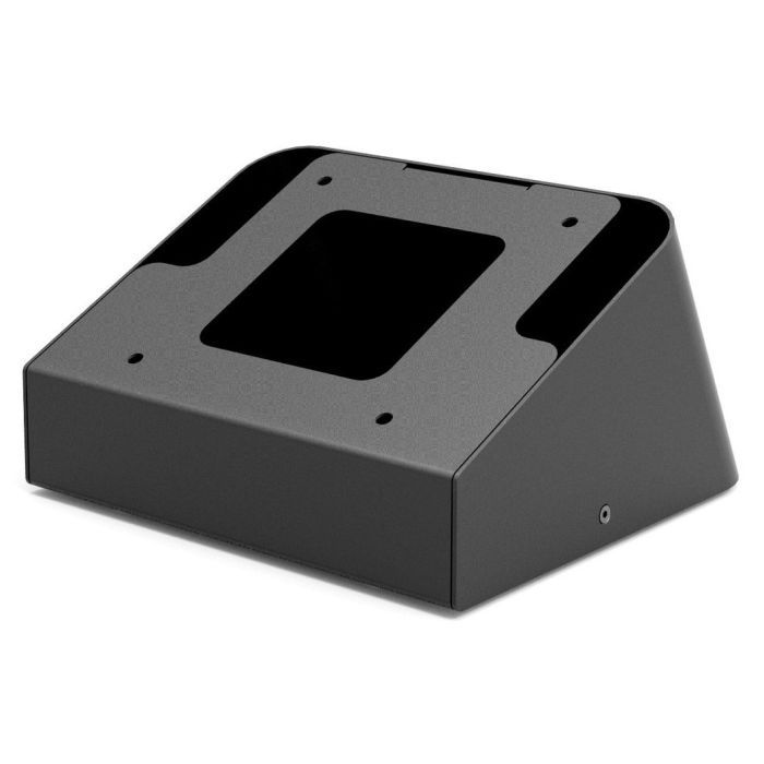 Seitenansicht des Compulocks AV Capsule VESA-Tischständers in Schwarz, mit sichtbaren Befestigungspunkten.